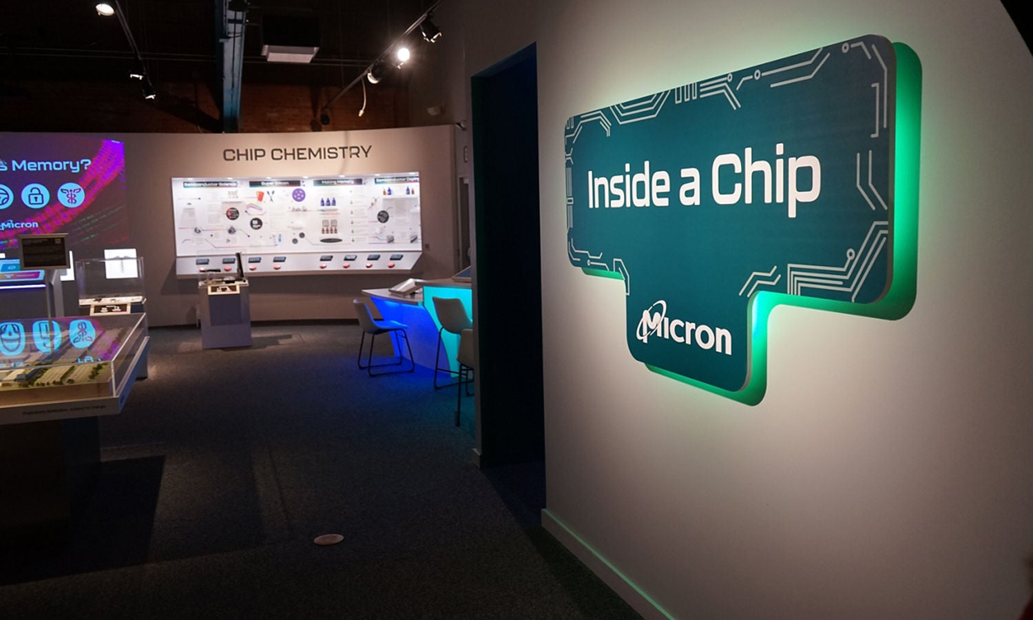 A semiconductor themed exhibit labelled “Inside a Chip” with the Micron Technology logo