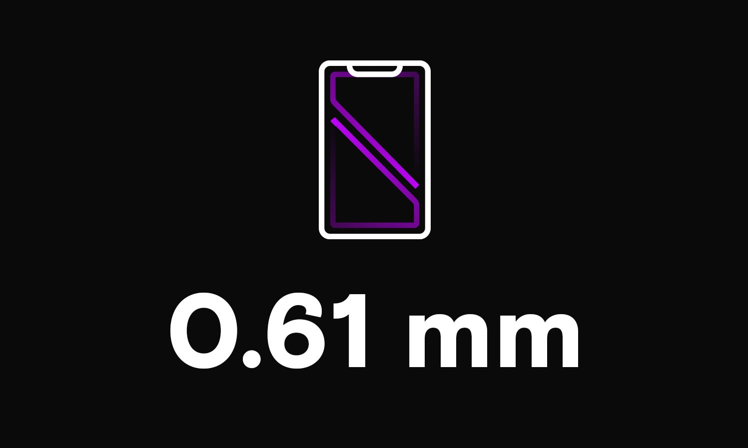 A white and purple icon of a mobile phone with text saying .61 mm