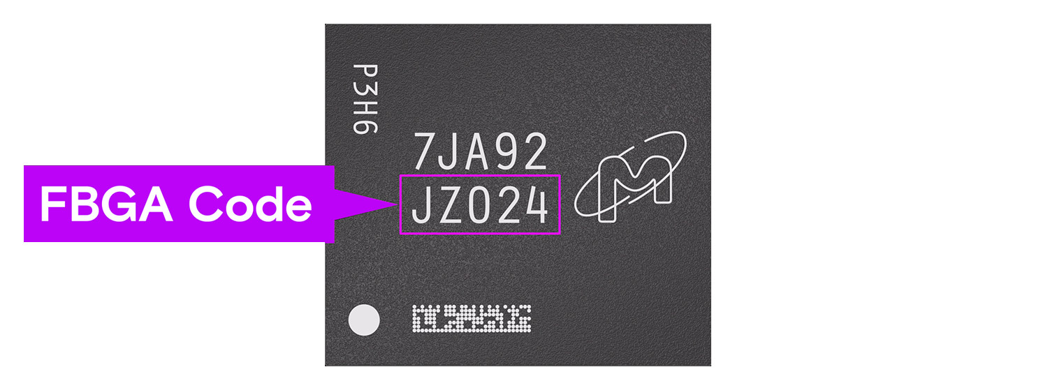 FBGA code highlighted on a Micron FBGA component